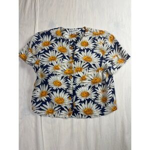 Linda Lewis Vintage 90s Daisy Floral Rayon Button Front Blouse Navy Blue Size 6